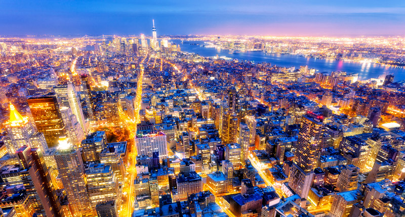 Aerial view at dusk of Manhattan, New York