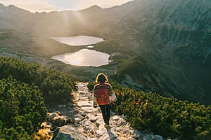 Woman walking near the lake in Tatra mountains.