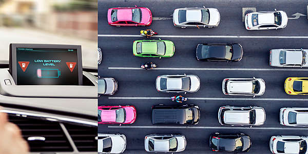 Photo collage of a low-battery warning in an electric car and an aerial view of a traffic jam.