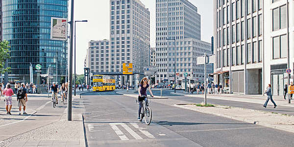 Cycling on Potsdamer Platz in Berlin, Germany.