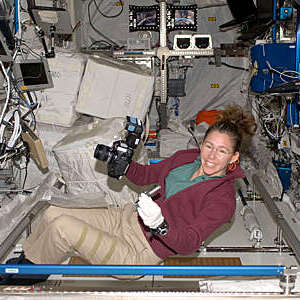 Sandra Magnus at work inside the European Columbus laboratory of the International Space Station.
