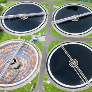 Aerial view of a sewage treatment plant.